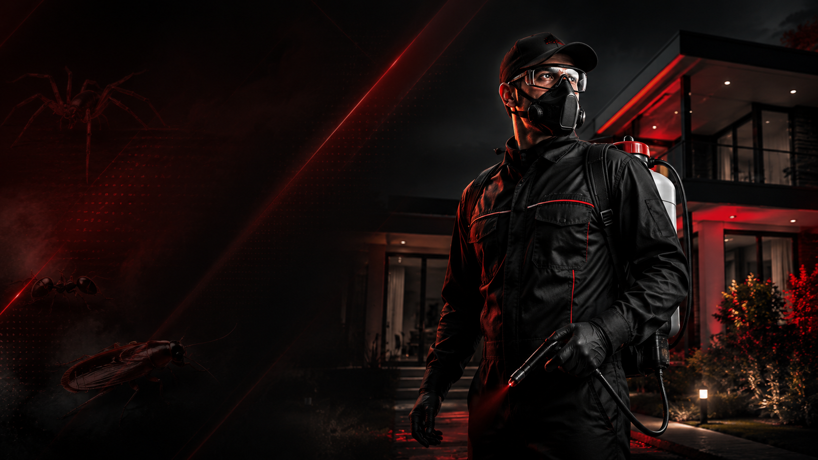 Certified pest control technician in tactical black uniform outside a modern home at night